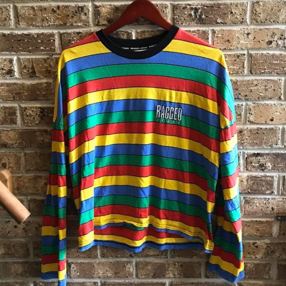 The RAGGED Priest long sleeve Rainbow Shirt with black neck line. Size: M.
